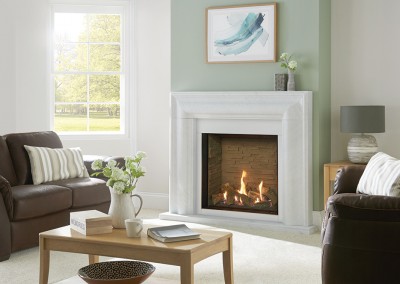 Gazco Riva2 750HL Edge gas fire with Ledgestone Effect Lining. Shown with Grafton Antique White Marble mantel