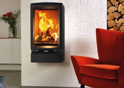 Vogue Midi T woodburning stove with optional wall mounting bracket and plinth